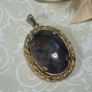Vintage Large Art Glass Cabochon Pendant Gold Tone Rope Frame Statement Necklace